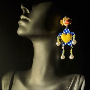 Playful Clown Heart Earrings in Blue and Yellow